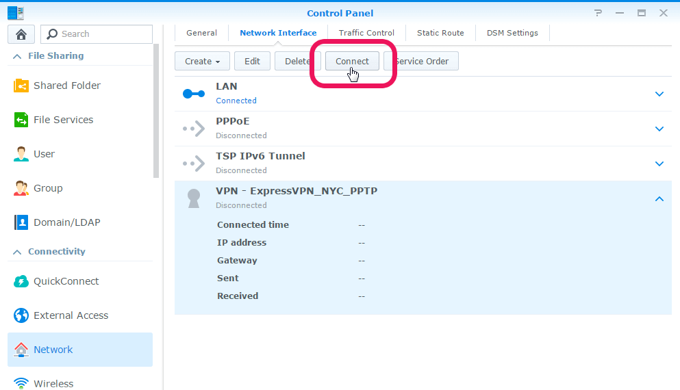 Launch the VPN Connection on Synology