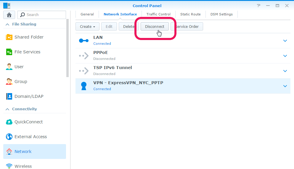 Disconnect VPN Connection on Synology