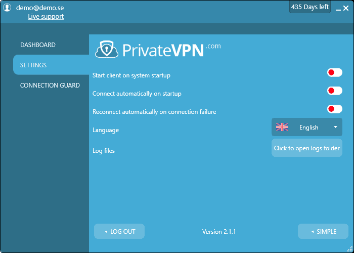 PrivateVPN's Windows Application