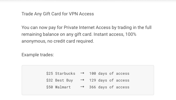 Private Internet Access Gift Card Trading