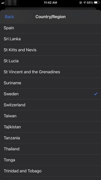 iOS Countries List