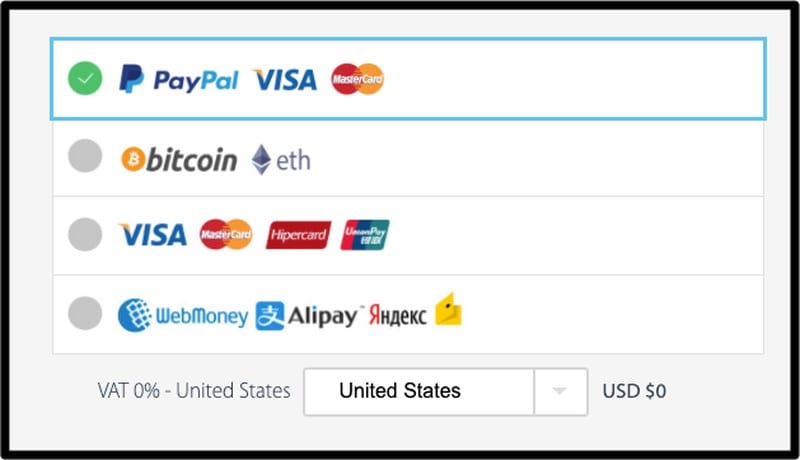 Payment Options VPNArea